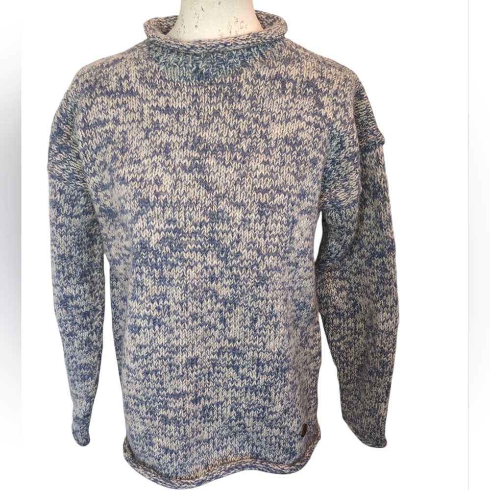 Hand Knitted Wool Jumper: Two Tone Unisex Fair Trade Sweater Blue White XS/S